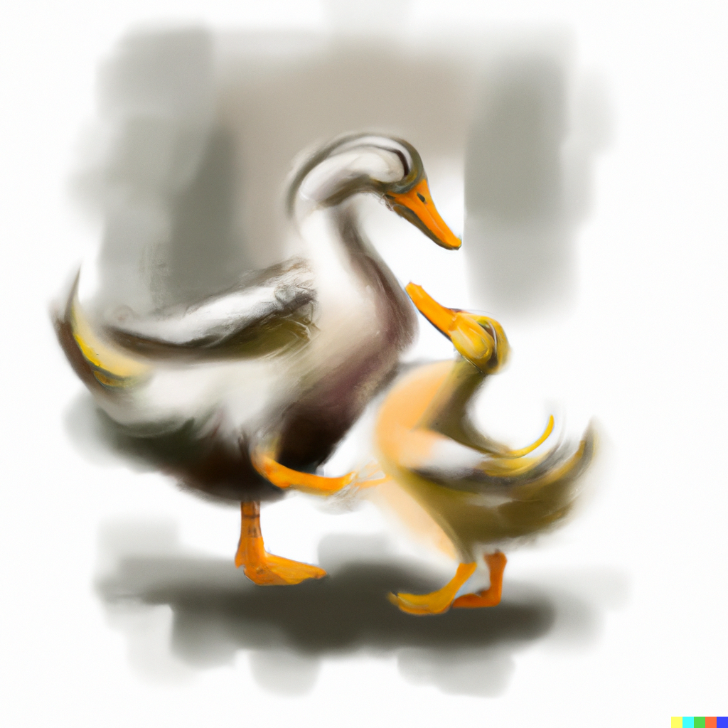 mother duck and a baby duck dancing waltz together in brush painting touch